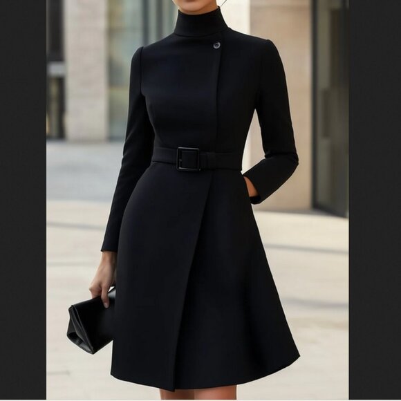 Mooyius Black High-Neck Asymmetric Belted A-Line Dress - Picture 11 of 11